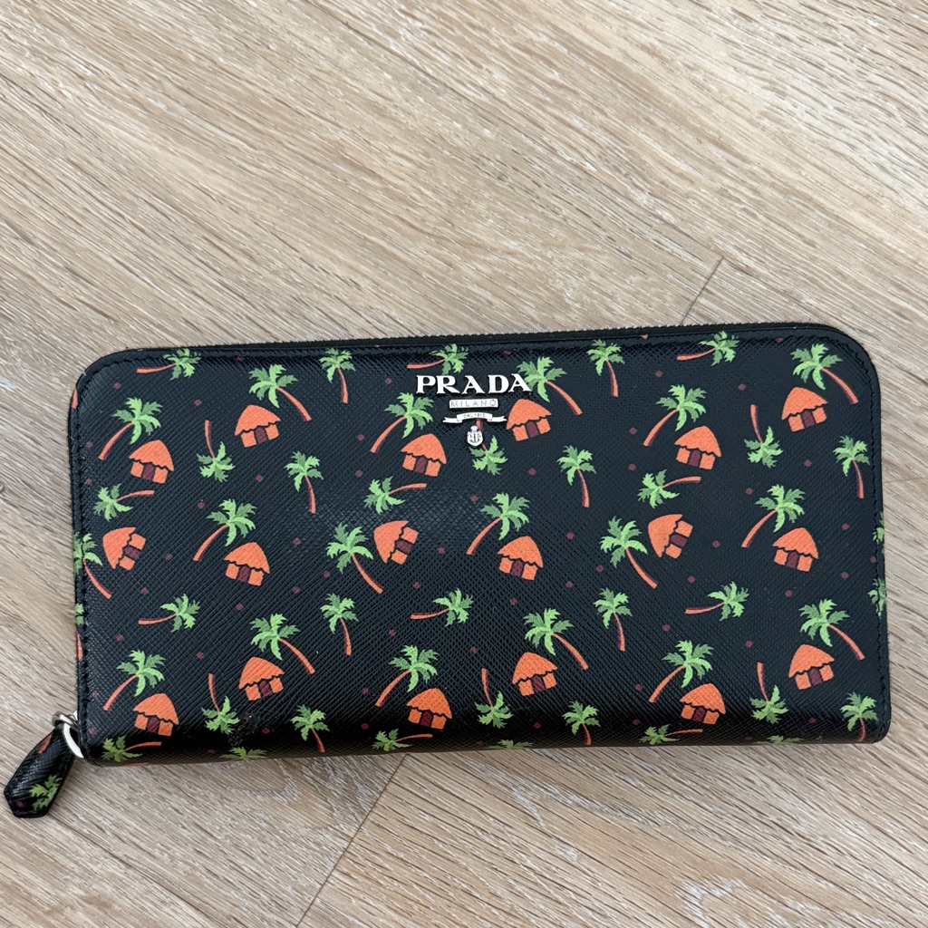 Prada Black Wallet With Green Palm And Orange Hut Print